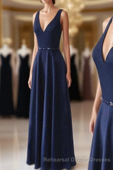 Navy Blue V-neck Floor Length Simple Cute Long Semi Formal Prom Dresses